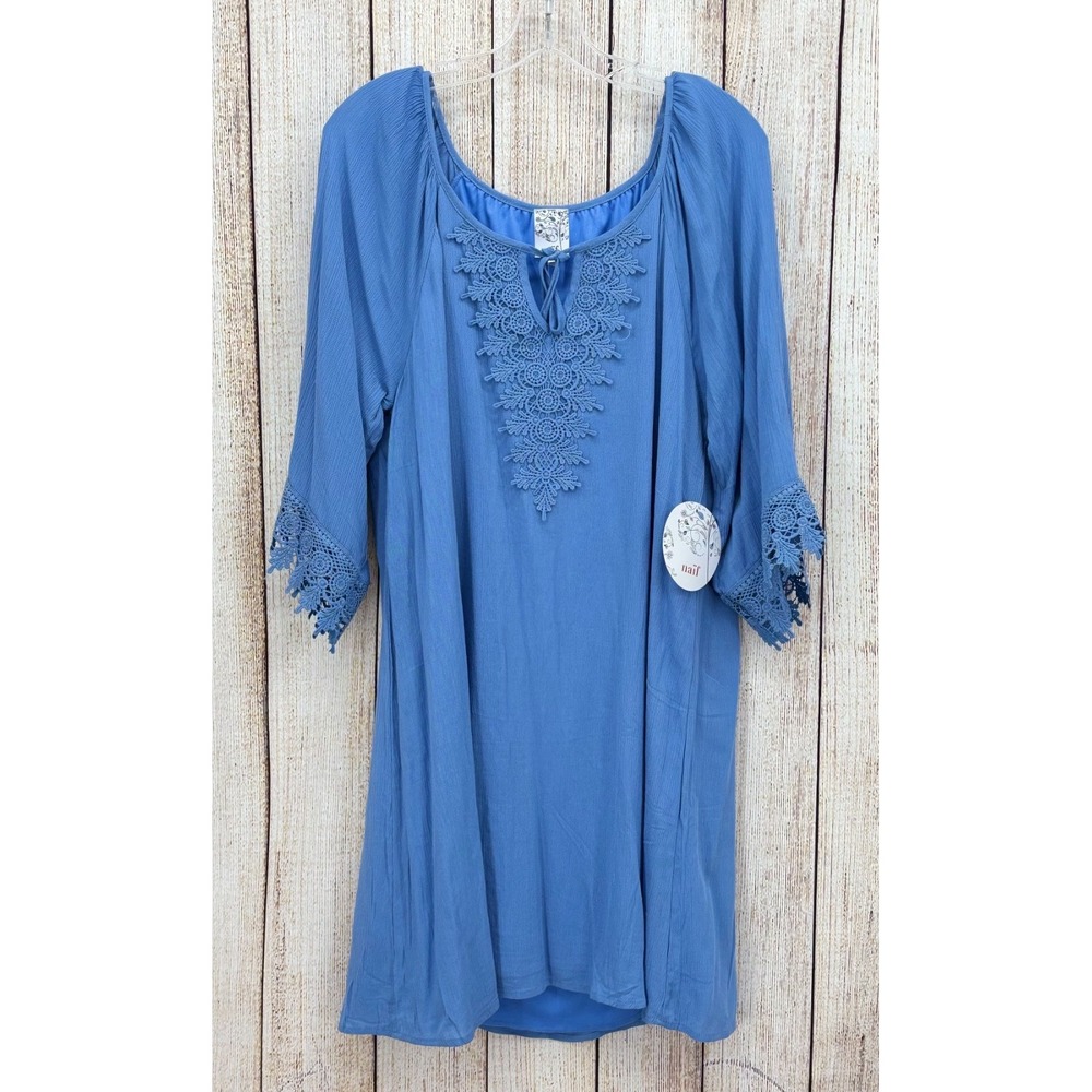 Naif Blue Boho Tunic Dress Size Medium Crochet‎ Trim 3/4 Sleeve Scoop NWT